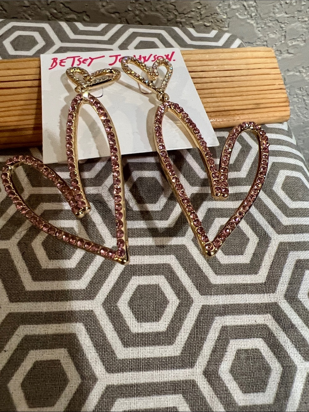 Betsey Johnson Gold-Tone Pink Crystal Open Heart Drop Earrings - Picture 3 of 6